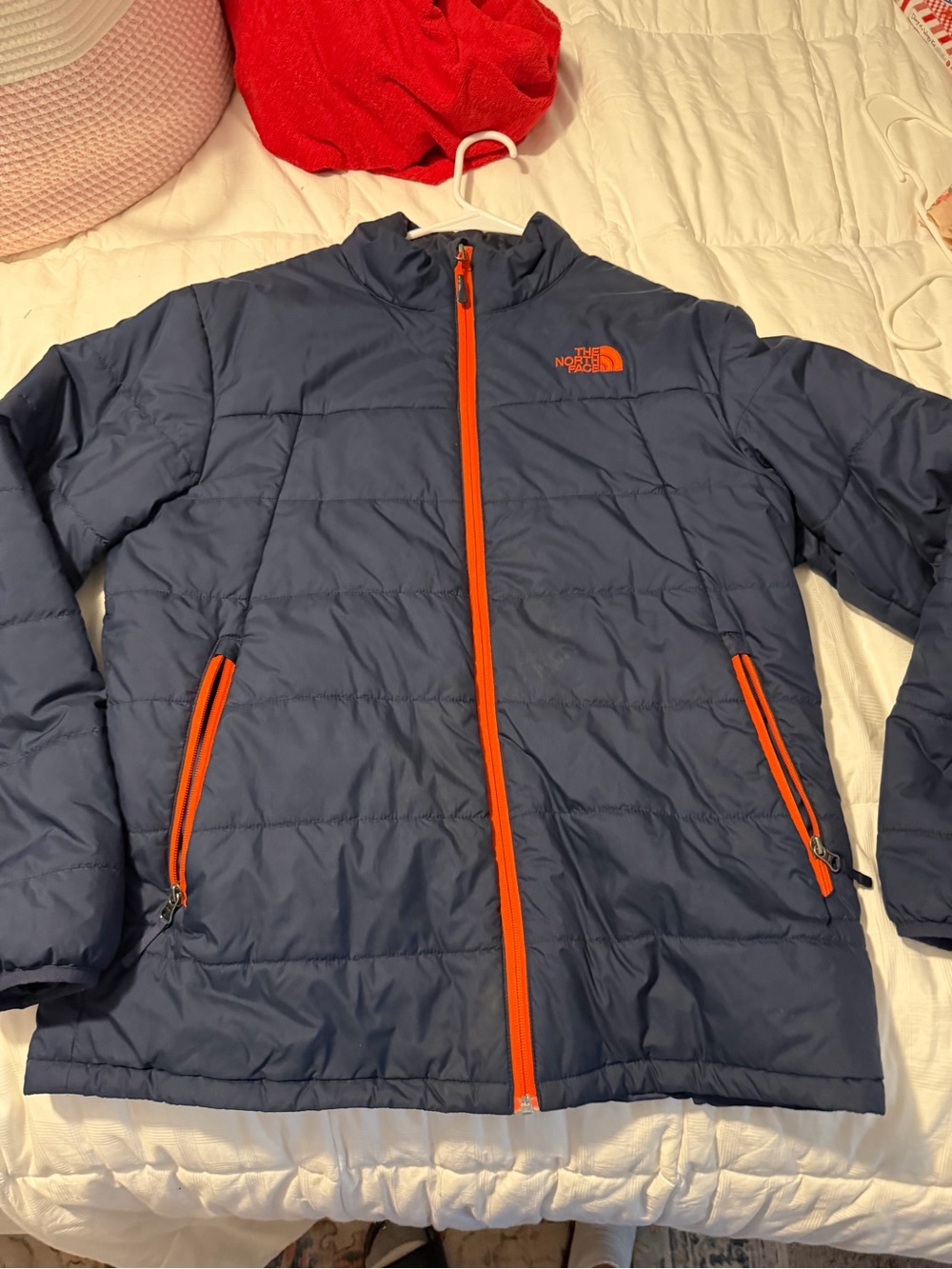 The North Face Blue Puffer Jacket with Orange Trim